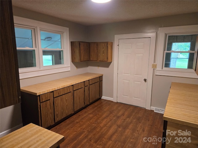 kitchen with a textured ceiling and dark hardwood / wood-style flooring