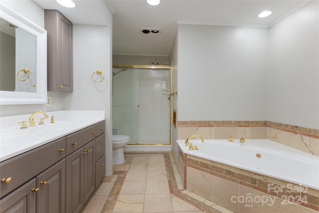 full bathroom featuring tile flooring, crown molding, shower with separate bathtub, toilet, and vanity