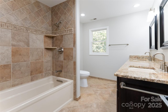 380 Old Powell Rd, Brevard, NC 28712 - bathroom featuring visible vents, double vanity, a sink, shower / bath combination, and toilet