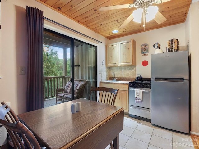 interior space with wooden ceiling, ceiling fan, sink, and light tile floors