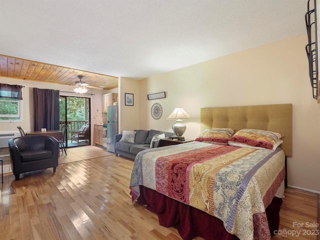 bedroom with light hardwood / wood-style floors, ceiling fan, a textured ceiling, wood ceiling, and stainless steel fridge