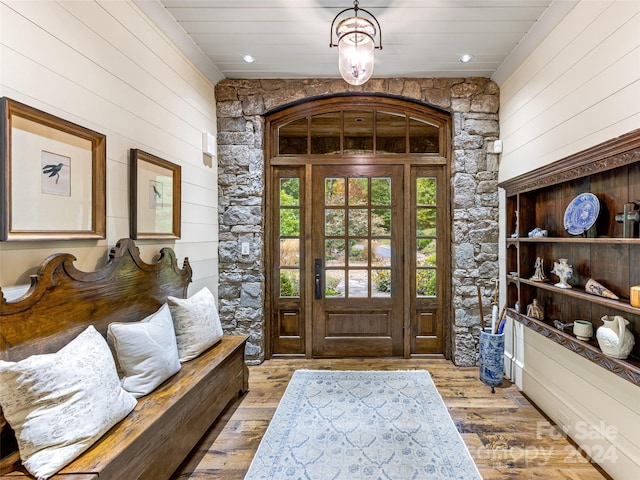 616 Old Growth Forest Rd, Burnsville, NC 28714 - foyer with light wood-type flooring, wood walls, and recessed lighting
