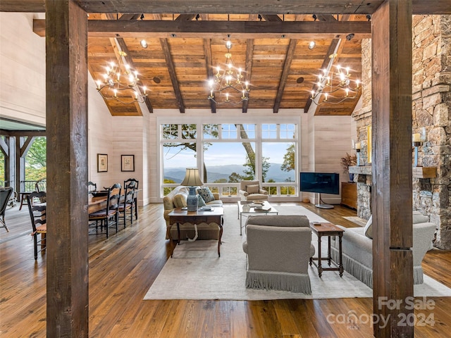 616 Old Growth Forest Rd, Burnsville, NC 28714 - living area featuring an inviting chandelier, wood ceiling, beamed ceiling, and hardwood / wood-style floors