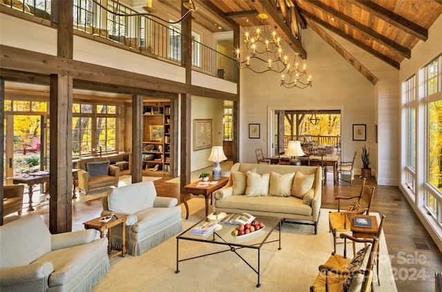 616 Old Growth Forest Rd, Burnsville, NC 28714 - living room with wood ceiling, wood finished floors, high vaulted ceiling, and beamed ceiling