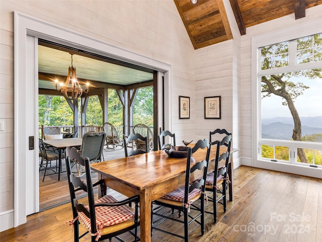 616 Old Growth Forest Rd, Burnsville, NC 28714 - dining room with wooden ceiling, high vaulted ceiling, wood-type flooring, a mountain view, and a chandelier