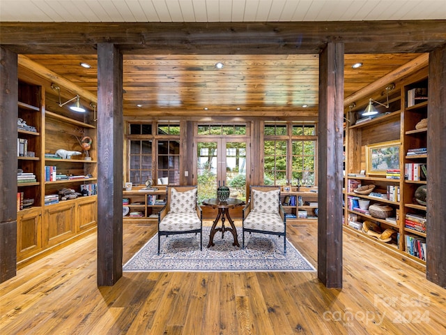 616 Old Growth Forest Rd, Burnsville, NC 28714 - living area with recessed lighting, wooden ceiling, french doors, and hardwood / wood-style flooring