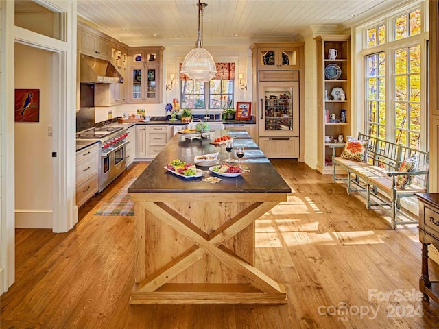 616 Old Growth Forest Rd, Burnsville, NC 28714 - kitchen with crown molding, under cabinet range hood, dark countertops, and high quality appliances