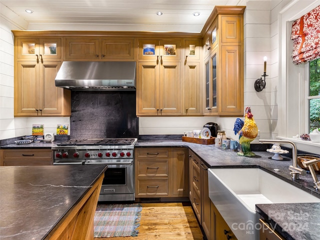 616 Old Growth Forest Rd, Burnsville, NC 28714 - kitchen with a sink, dark stone counters, range hood, and premium stove