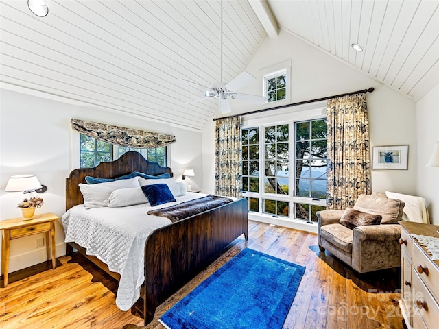 616 Old Growth Forest Rd, Burnsville, NC 28714 - bedroom featuring wood-type flooring, beamed ceiling, ceiling fan, and wood ceiling