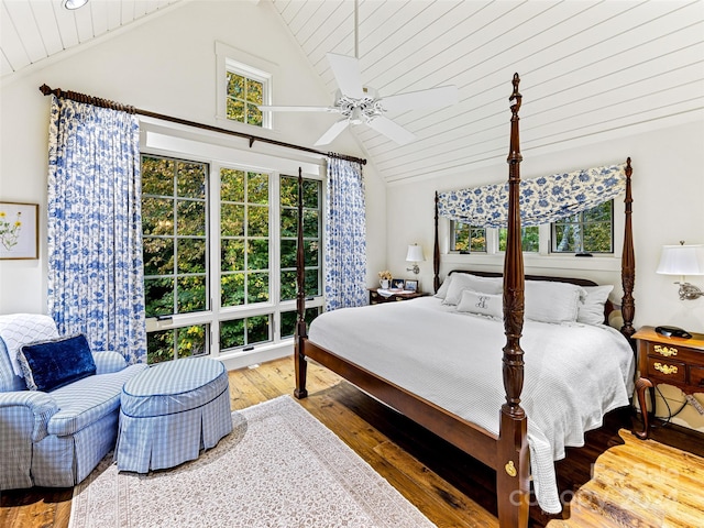 616 Old Growth Forest Rd, Burnsville, NC 28714 - bedroom featuring wood-type flooring, a ceiling fan, high vaulted ceiling, and wood ceiling