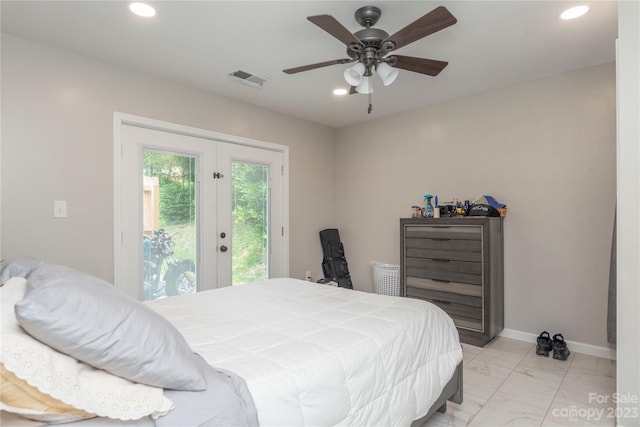 bedroom featuring ceiling fan, access to exterior, light tile floors, and french doors