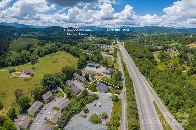 drone / aerial view featuring a mountain view