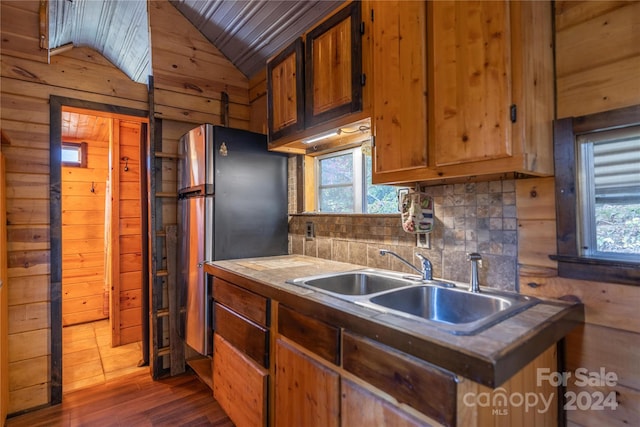 kitchen with lofted ceiling, wood walls, plenty of natural light, and dark hardwood / wood-style floors