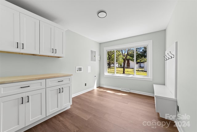 interior space featuring electric dryer hookup, washer hookup, cabinets, and light wood-type flooring