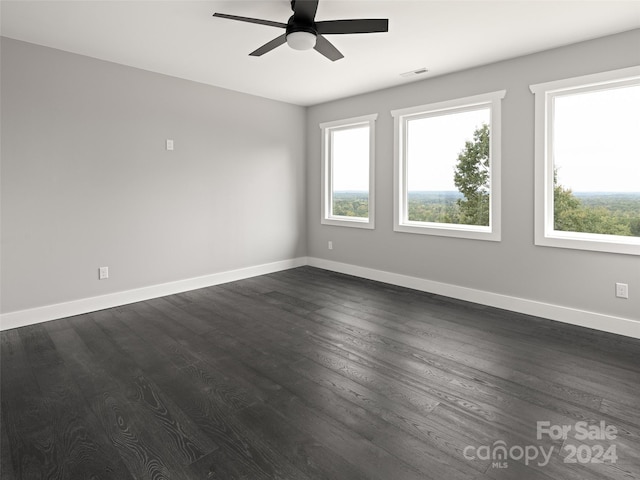 spare room with plenty of natural light, dark hardwood / wood-style floors, and ceiling fan