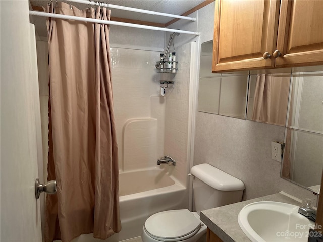 full bathroom with shower / bathtub combination with curtain, a textured ceiling, toilet, and vanity