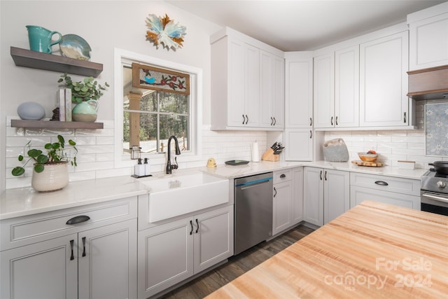 kitchen with white cabinetry, dark hardwood / wood-style floors, appliances with stainless steel finishes, sink, and tasteful backsplash