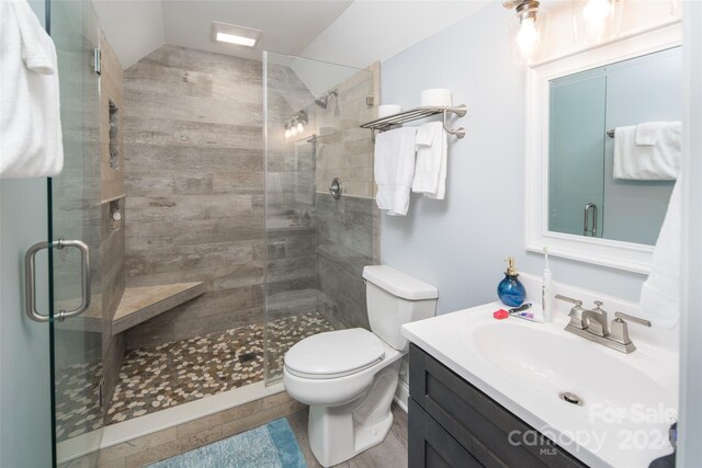 bathroom featuring a shower with shower door, toilet, vanity, and tile flooring