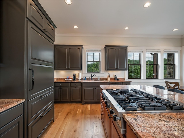 kitchen with light hardwood / wood-style floors, sink, light stone counters, stove, and ornamental molding