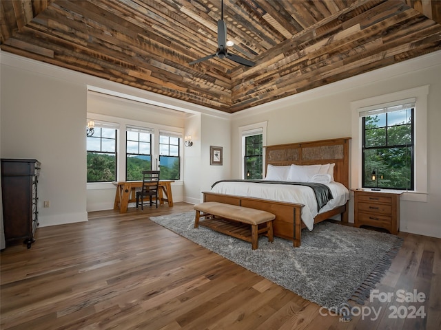 bedroom featuring wooden ceiling and multiple windows