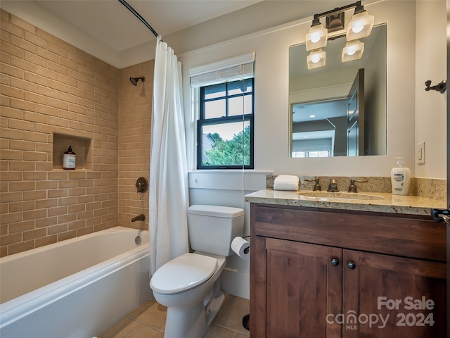 full bathroom featuring toilet, shower / bathtub combination with curtain, tile floors, and vanity