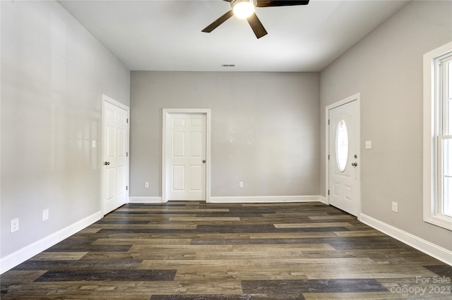 foyer entrance featuring ceiling fan, dark wood-type flooring, and plenty of natural light