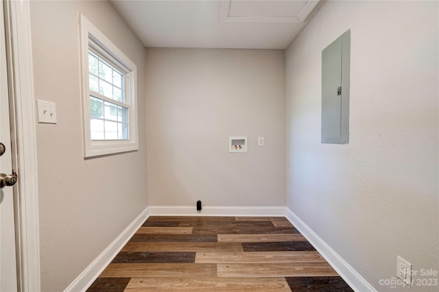 laundry room with dark hardwood / wood-style flooring and hookup for a washing machine