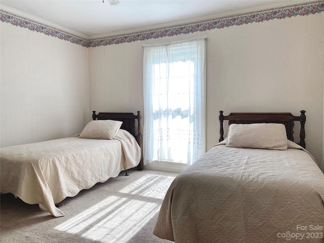 carpeted bedroom with multiple windows and crown molding