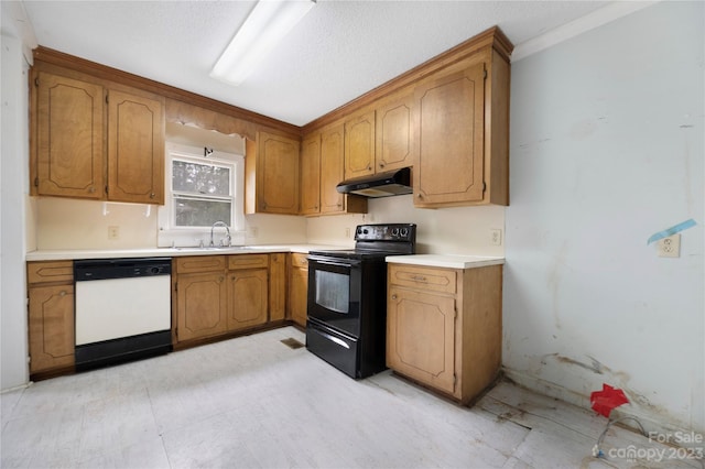 kitchen featuring light tile floors, dishwasher, crown molding, black / electric stove, and sink