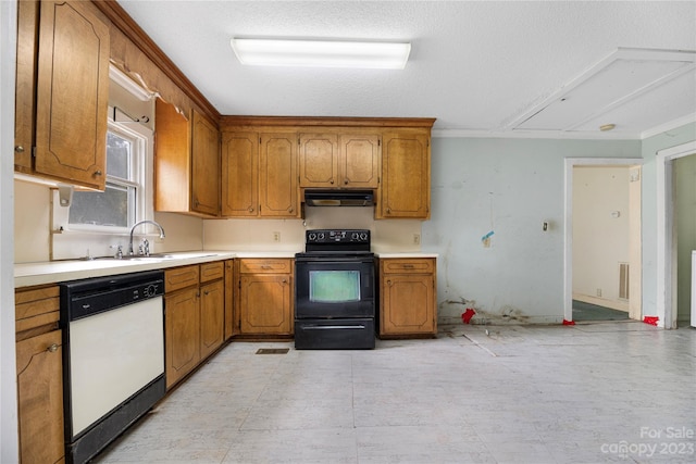 kitchen with white dishwasher, light tile floors, crown molding, black / electric stove, and sink