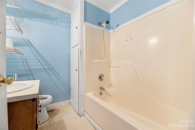 full bathroom with toilet, bathing tub / shower combination, vanity, a textured ceiling, and tile floors