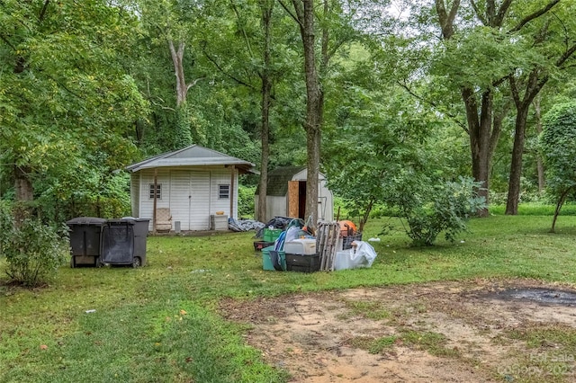 view of yard featuring a storage unit