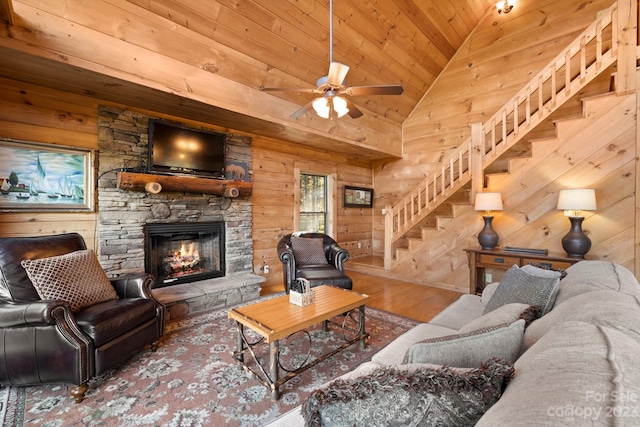 living room with ceiling fan, a fireplace, high vaulted ceiling, wood ceiling, and dark hardwood / wood-style flooring