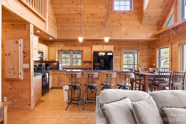 kitchen with wooden walls, plenty of natural light, decorative light fixtures, and black appliances