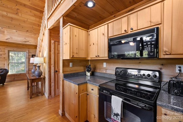 kitchen featuring black appliances, light hardwood / wood-style floors, wood walls, light brown cabinetry, and wood ceiling