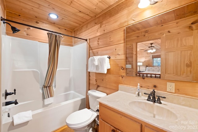 full bathroom with wooden ceiling, wood walls, shower / tub combo with curtain, toilet, and ceiling fan