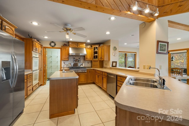 kitchen with sink, kitchen peninsula, a center island with sink, and stainless steel appliances