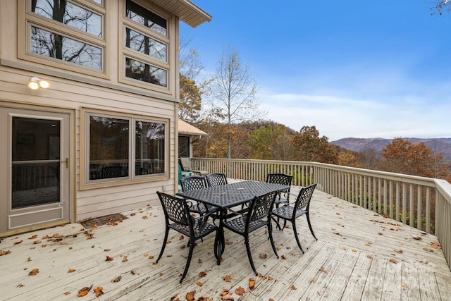 wooden deck with a mountain view