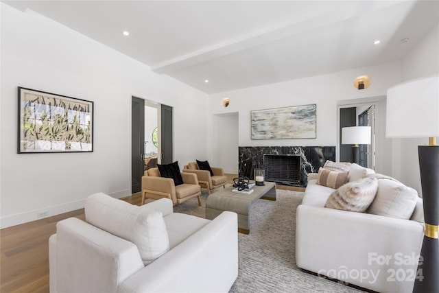 living room featuring light hardwood / wood-style flooring and a fireplace