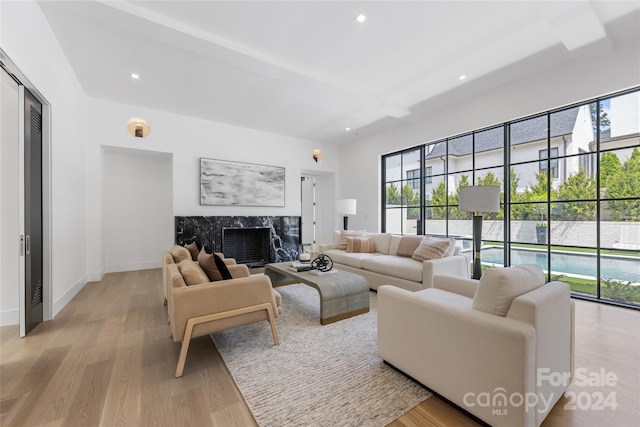 living room featuring light hardwood / wood-style flooring and a high end fireplace