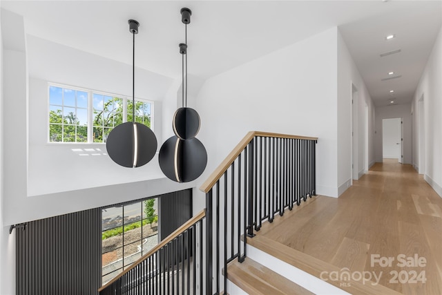 hallway with a wealth of natural light and hardwood / wood-style flooring