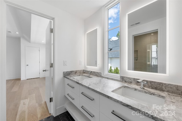 bathroom with wood-type flooring, vanity, walk in shower, and a healthy amount of sunlight