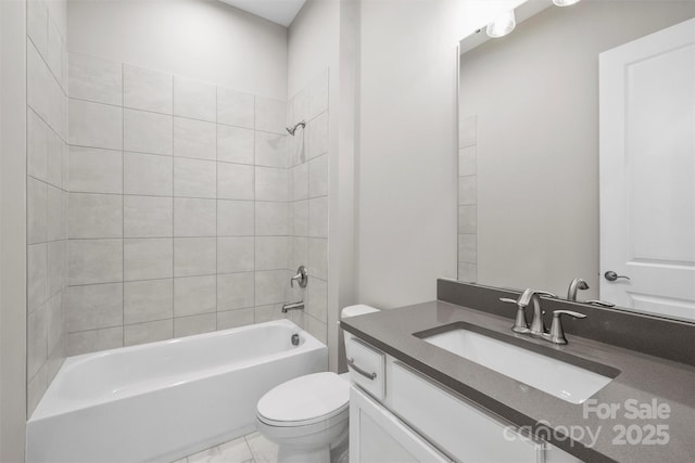 full bathroom with toilet, marble finish floor, shower / bathing tub combination, and vanity