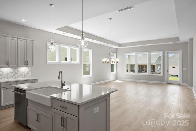 kitchen with gray cabinets, a raised ceiling, visible vents, a kitchen island with sink, and a sink