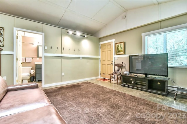 living room with carpet floors and vaulted ceiling