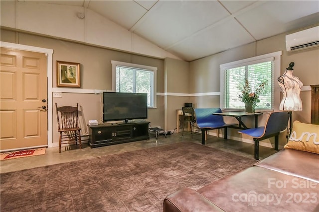 living room featuring lofted ceiling, a wall mounted AC, and a wealth of natural light