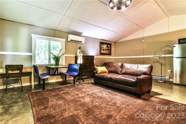 living room with a wall mounted air conditioner, vaulted ceiling, and a baseboard radiator