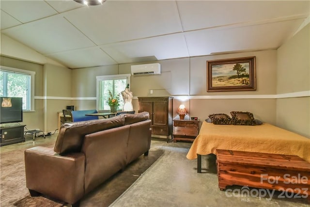 carpeted bedroom with an AC wall unit, lofted ceiling, and multiple windows