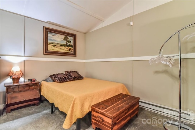 bedroom with dark colored carpet, a baseboard heating unit, and vaulted ceiling