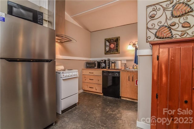 kitchen with lofted ceiling, sink, black appliances, and wall chimney exhaust hood